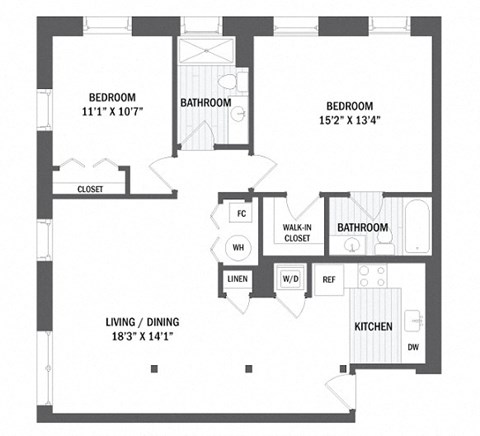 Floor plan for 2 beds, 2 baths, 1013 sqft
